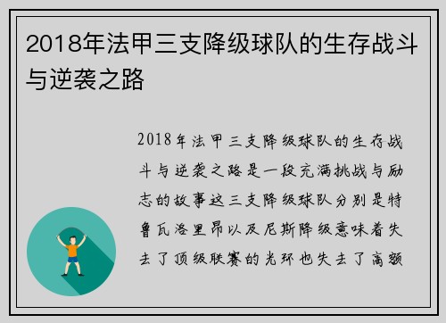 2018年法甲三支降级球队的生存战斗与逆袭之路