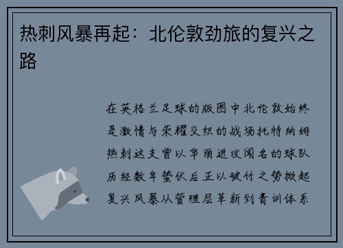 热刺风暴再起：北伦敦劲旅的复兴之路